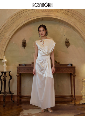 ROSYROKH 流光诗肩 醋酸缎面斜肩拼接连衣裙女轻奢优雅气质长裙
