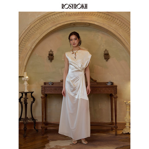 流光诗肩醋酸缎面斜肩拼接连衣裙