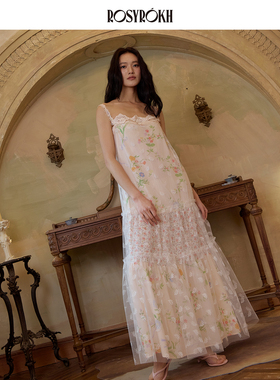 ROSYROKH 蕾丝叠境新款层光长裙女气质高级小众设计吊带连衣裙女
