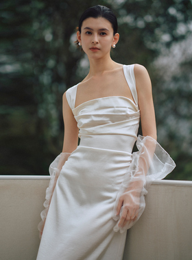 ROSYROKH原创轻奢晨袍缎面晚宴订婚礼服敬酒服紫色红色露背连衣裙