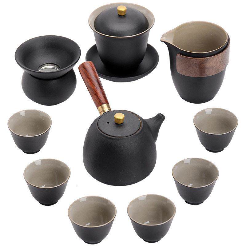 定制日式简约黑陶侧把壶盖碗茶具套装公客厅家用陶瓷功夫礼盒装