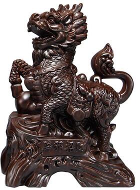 黑檀木质雕刻麒麟摆件厅一对室红木家居客酒GG231柜玄关装办公饰