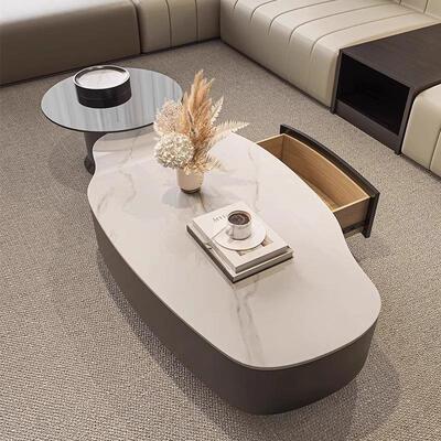 约奢异形岩板现茶几31397代轻简约大简小户型高级感椭圆形茶几客