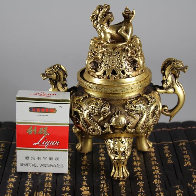 仿古古玩铜器收藏仿古纯铜双龙戏珠香炉大明宣德年制铜香炉摆件