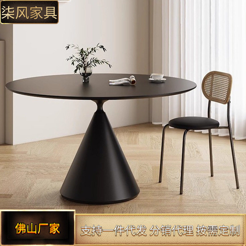 纯黑岩板圆桌 小户型家用简约圆形餐桌个性复古设计师圆桌饭桌