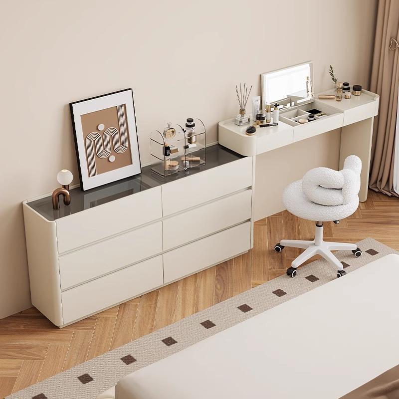 卧室超薄梳妆台斗柜一体30cm极窄款翻盖伸缩白色法式床尾柜收纳
