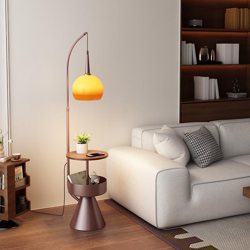 卧室床头柜柚子台灯氛围灯沙发旁置物架一体复古中古风客厅落地灯