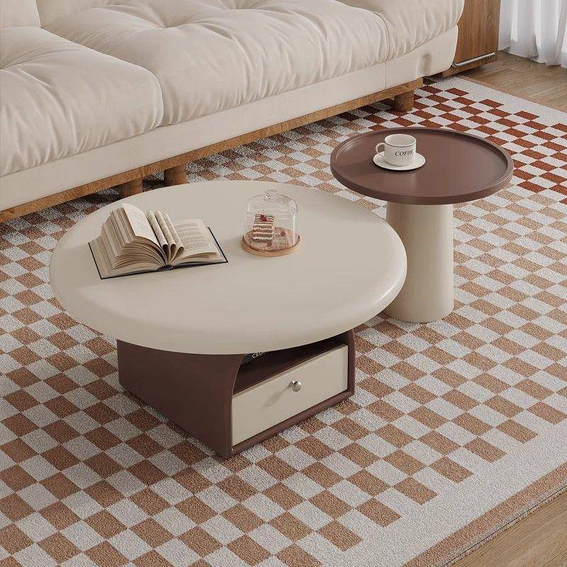 奶油复古茶几客厅家用简约新款圆形现代轻奢小户型法式家具