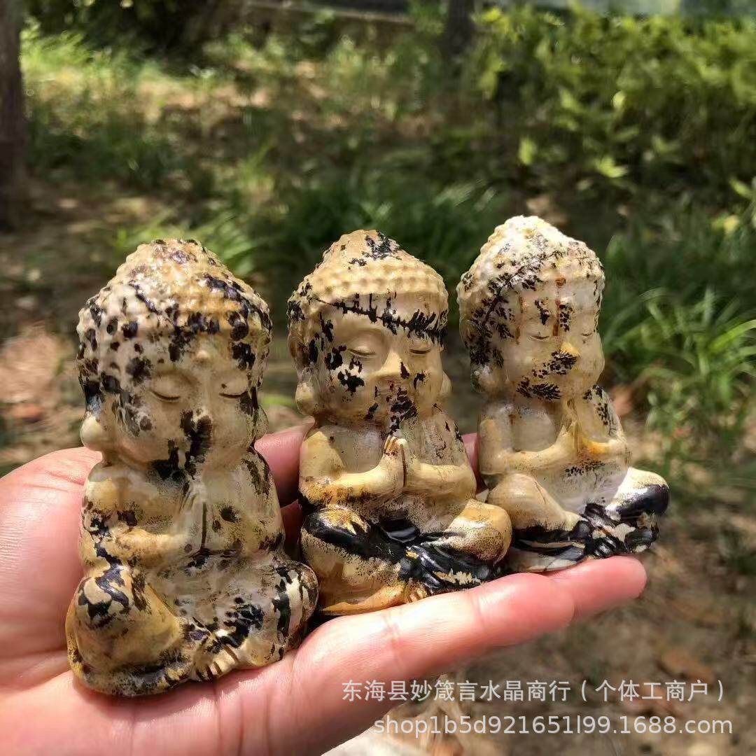 天然水晶释迦牟尼宝宝佛国画石天然原石雕刻件摆件