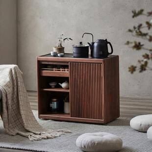 直销北欧全实木移动茶水柜新中式办公室黑胡桃木边柜客厅茶台