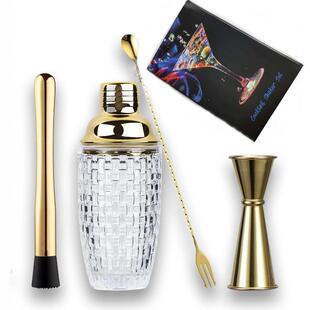 新款冰花玻璃杯304不锈钢盖调酒器调酒套装鸡尾酒调酒工具雪克壶