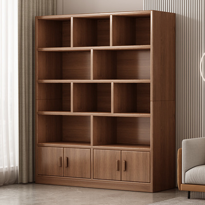 简易书柜落地置物架客厅多层柜子书架储物柜一体实木芯带门收纳柜