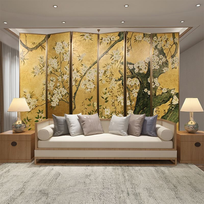 新中式手绘漆画金箔花鸟折叠屏风隔断移动家居玄关客厅装饰背景墙