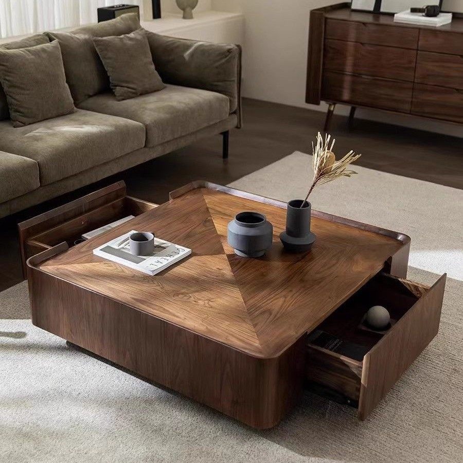 意式极简北美黑胡桃实木茶几方形收纳北欧家具现代简约小户型茶几