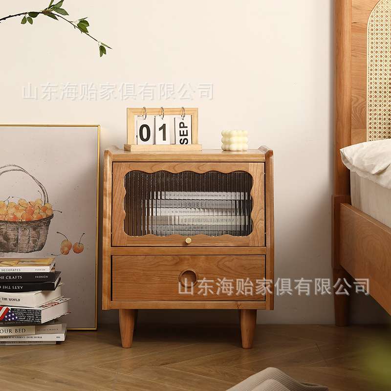 海贻家具实木床头柜玻璃樱桃木北欧家具现代简约卧室收纳床边柜