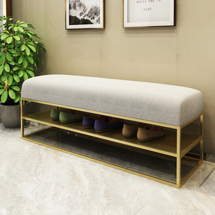 北欧简约家用玄关布艺穿鞋凳 铁艺床尾置物长条凳 双层换鞋凳