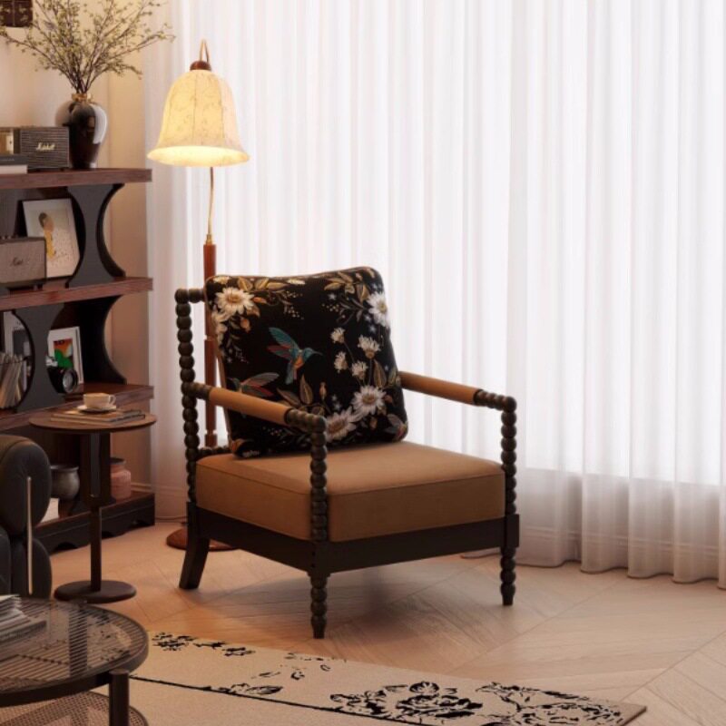 法式复古沙发椅中古风珍珠椅高级感客厅卧室休闲实木单人沙发椅