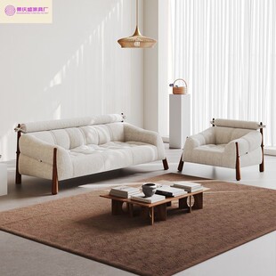 2026复古白蜡木中古奶油风实木布艺设计师直排高靠背白色三人沙发