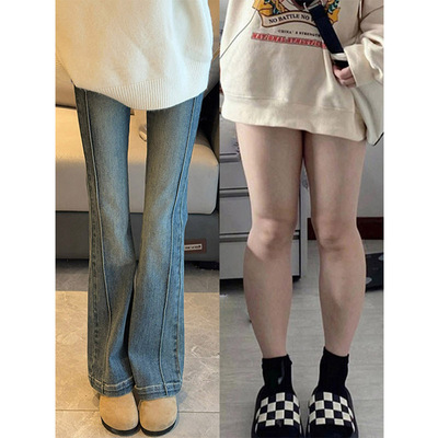 速发复古加厚微喇牛仔裤秋冬款梨形身小材个裤高腰子子