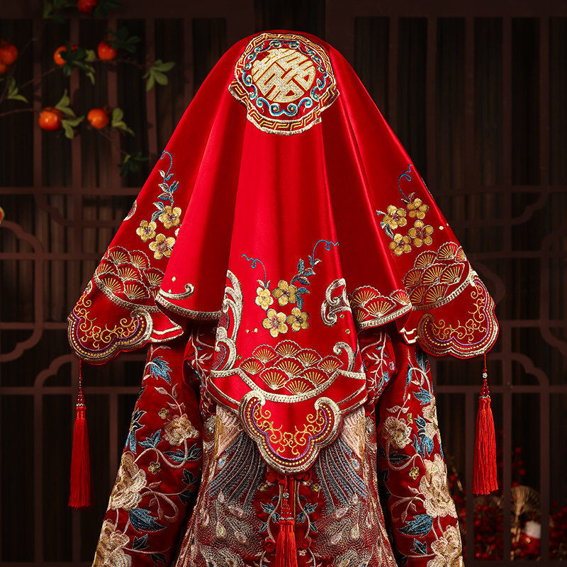 速发红盖头新娘20中式新款24结婚刺绣秀禾服头纱婚礼方出嫁蒙头喜