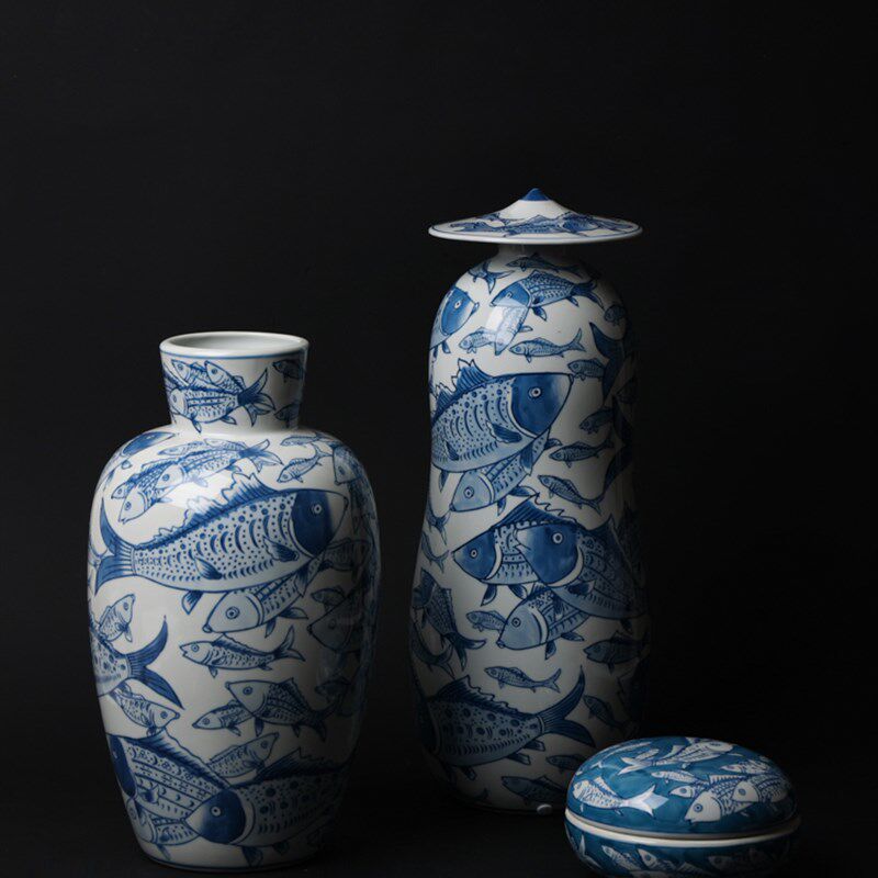 现货速发若奈 东方Grise青花瓷年年有余新中式花瓶一套玄关摆件