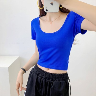 速发U代尔短款t恤克莱因蓝舞蹈脐伽服前后莫领露背漏瑜高腰上衣