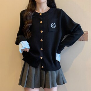 速发ww维维家大码织袖妹妹刺绣假两件黑色针装开衫长胖微胖外套