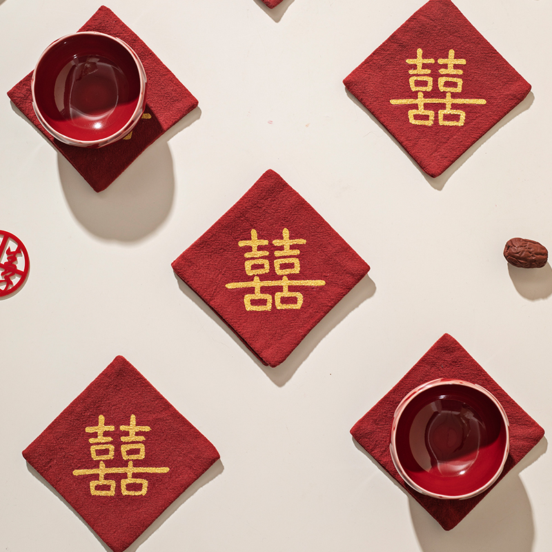 速发喜字杯垫结婚敬茶防庆婚房装饰婚托拍摄影道具布艺茶托防滑杯