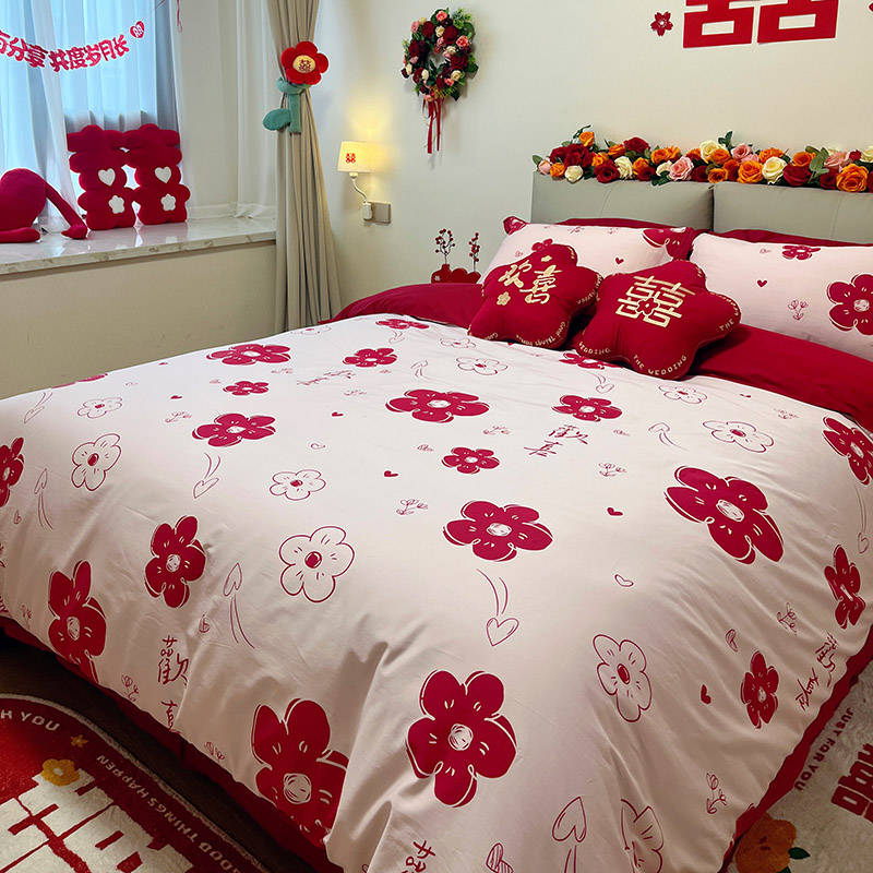 速发喜庆可爱花花四件套全棉纯棉红色婚庆新婚婚礼婚床