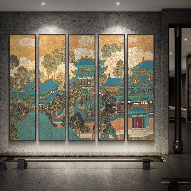 速发新中式酒国大厅装饰画复古楼阁店画客厅背景墙挂画餐堂高级感图片