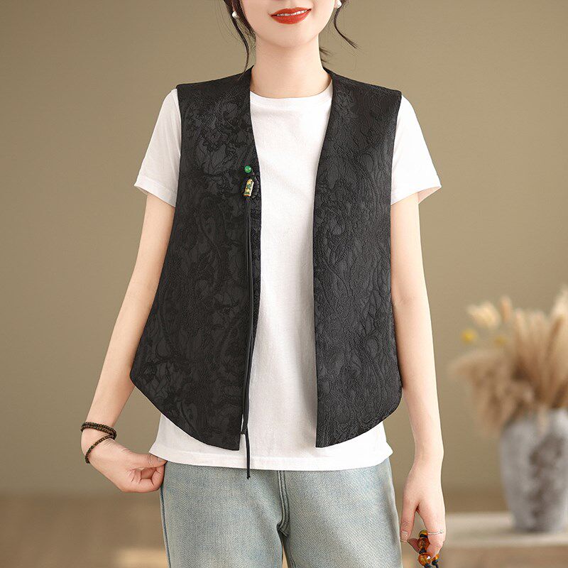 速发新中式搭花黑色马甲背心春夏款外提小个子无国坎肩袖风盘扣上