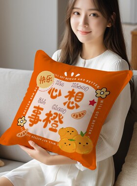 方形橙色文字抱枕客厅沙发靠枕办公室护腰靠背床靠垫不含芯枕外套