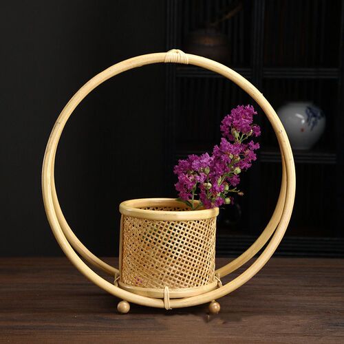 竹编复古花篮竹制花器大漆手提果篮子收纳盒手工编插花花器小花架