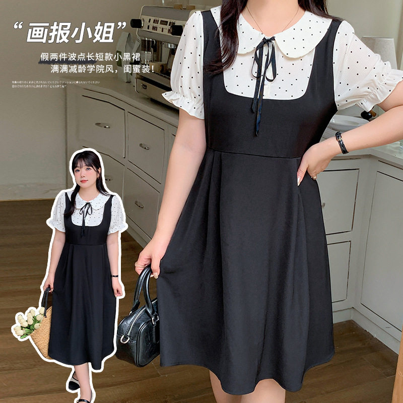 装波点姐妹款小黑裙2024夏季新款遮肉长短款连衣裙250413孕妇胖妈