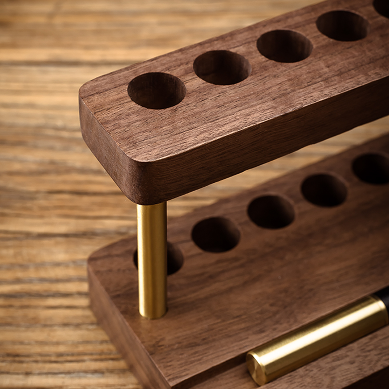 笔架多功能黑胡桃实木质桌面手机创意收纳黄铜签字笔插钢笔挂支架
