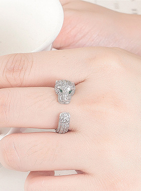 动物豹子戒指 气质狂野豹子头镀银铜戒指女士 时尚微镶戒指环手饰