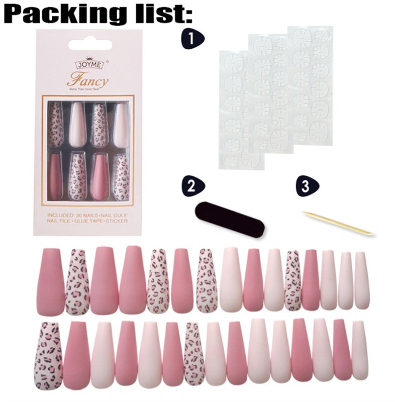 24/30Pcs Pink Leopard Designs False Nails French Long Coffin