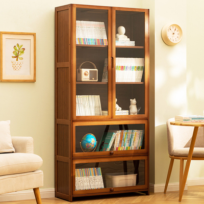 书柜现代简约带门防尘格子柜实木书架窄柜置物收纳柜组合立柜落地