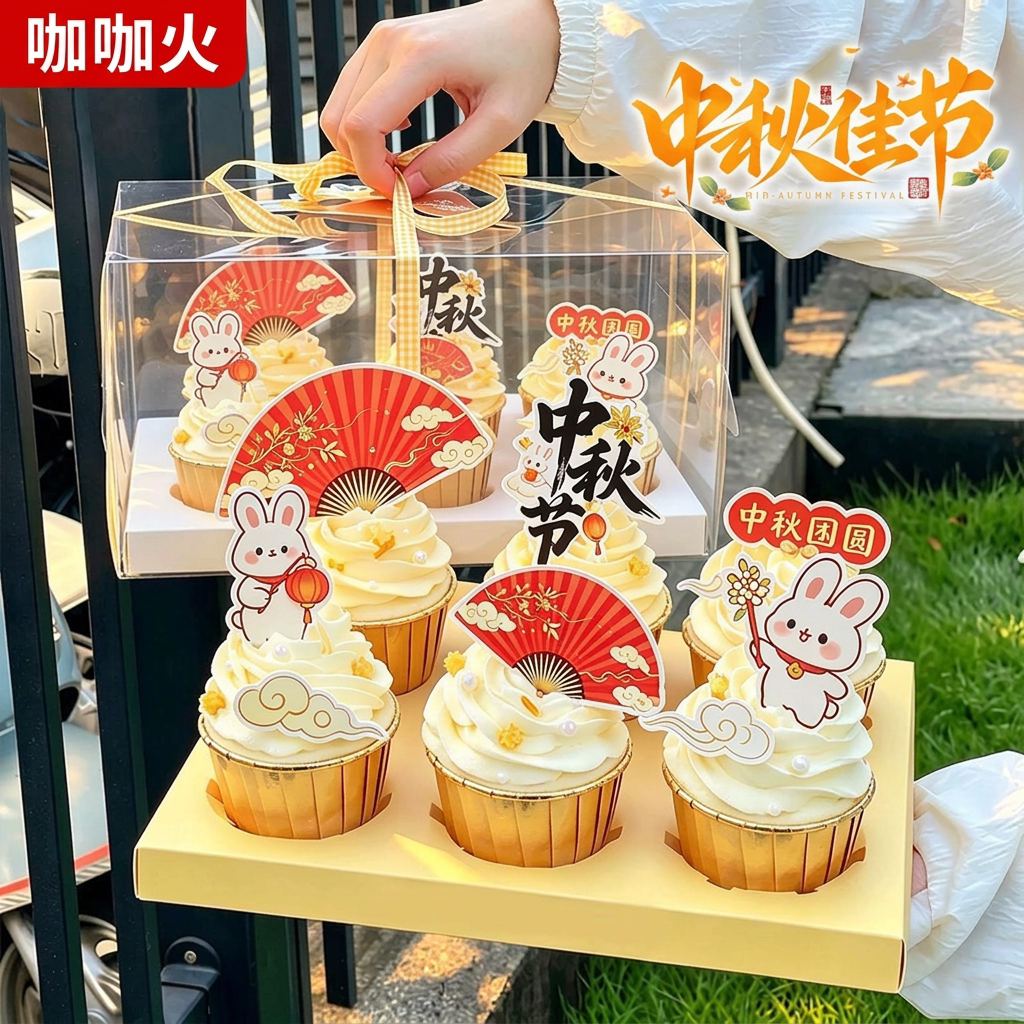 中秋节纸杯蛋糕装饰玉兔扇子祥云插卡中秋团圆字牌插件甜品台插牌