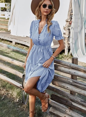 Women Elegant Stripd Lantern l SleeveSummeCHEr Dress Causa e