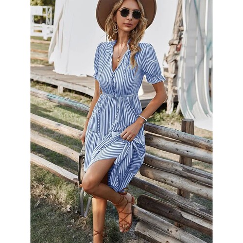 Women Elegant Stripd Lantern l SleeveSummeCHEr Dress Causa e