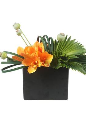 新中式花日式橙色PVK仿真艺套装售楼部吧台洽茶谈桌件几托盆餐厅