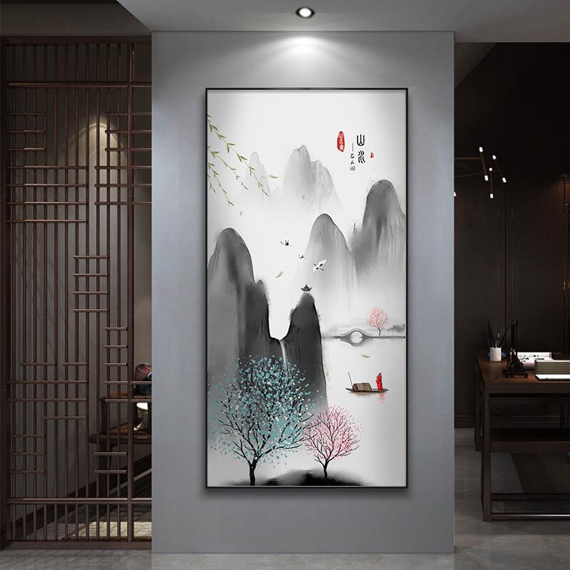 玄关山水装饰画新中式走廊过道竖版挂画中国风禅意水墨风景墙壁画