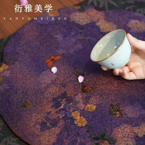 茶席真丝香云纱海棠圆茶垫新中式禅意双面布艺桌旗垫41*41cm