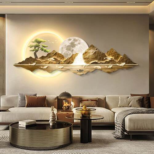 迎客松山水发光客厅装饰画L光ED灯光画中式鱼HS-05260茶室九氛围