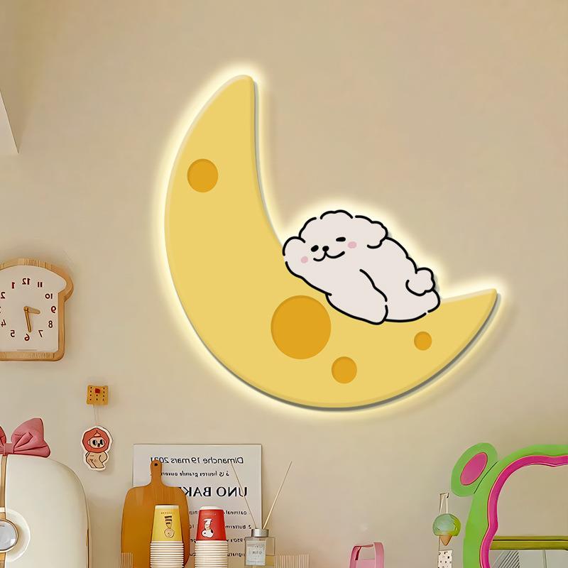 线条小狗奶油风儿童房装饰画卡通女孩房床头挂画创意卧室带灯壁画