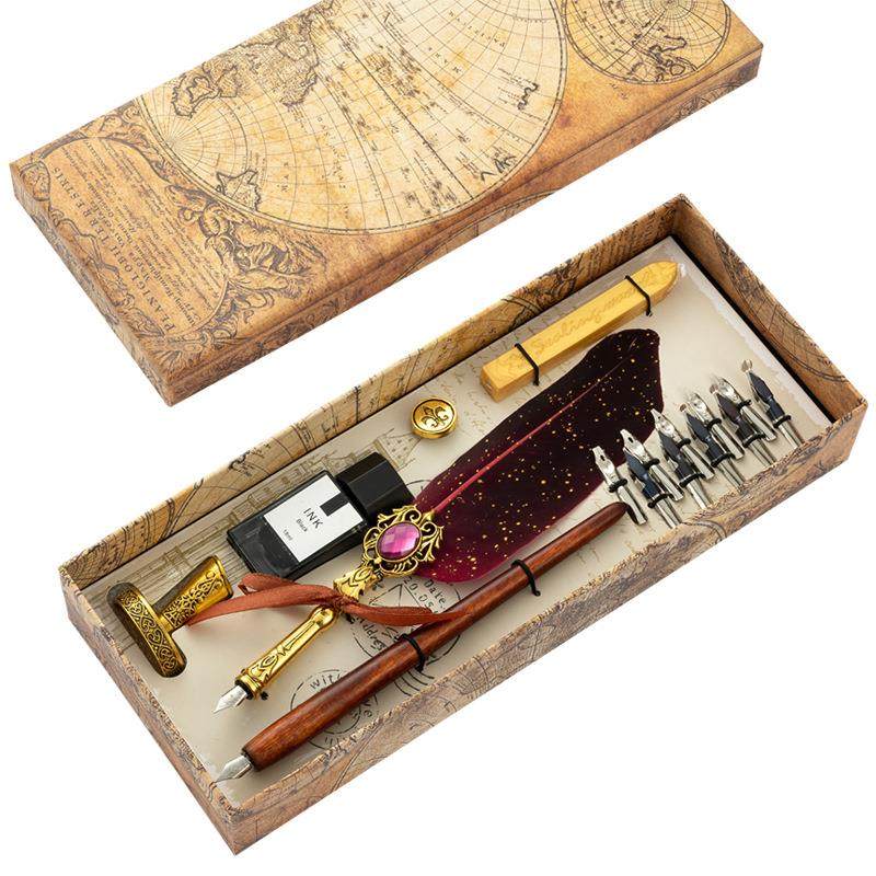 欧式蘸水羽毛笔套装复古条纹羽毛礼品笔火漆印章商务礼盒装羽毛笔,文具电教/文化用品/商务用品,钢笔,淘宝优惠券,粉丝福利购,淘宝优惠卷