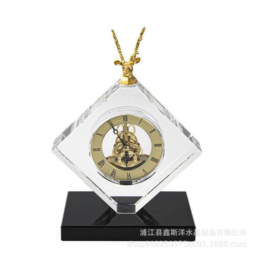 轻奢鹿头钟表水晶摆件别墅民宿客厅样板房售楼部酒店大厅玄关工艺