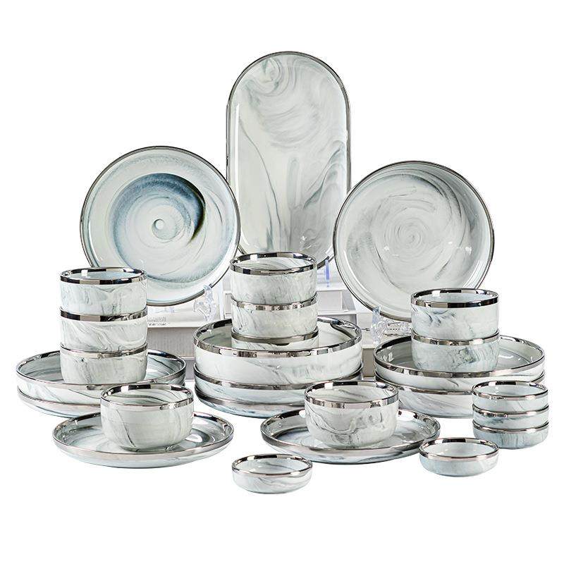 轻奢餐具碗盘套装高级感2024新款大理石碗具碗碟家用筷盘组合乔迁,餐饮具,餐具瓷器套装,淘宝优惠券,粉丝福利购,淘宝优惠卷