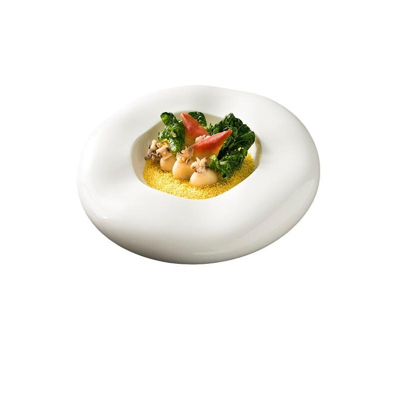 波浪不规则纯白陶瓷摆盘餐厅特色餐具高级感盘子内凹冷菜盘子西餐